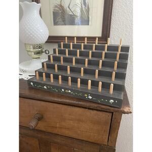 Vintage Wooden Thread Bobbin Rack Spool Holder Handmade Hand Painted Sewing Room